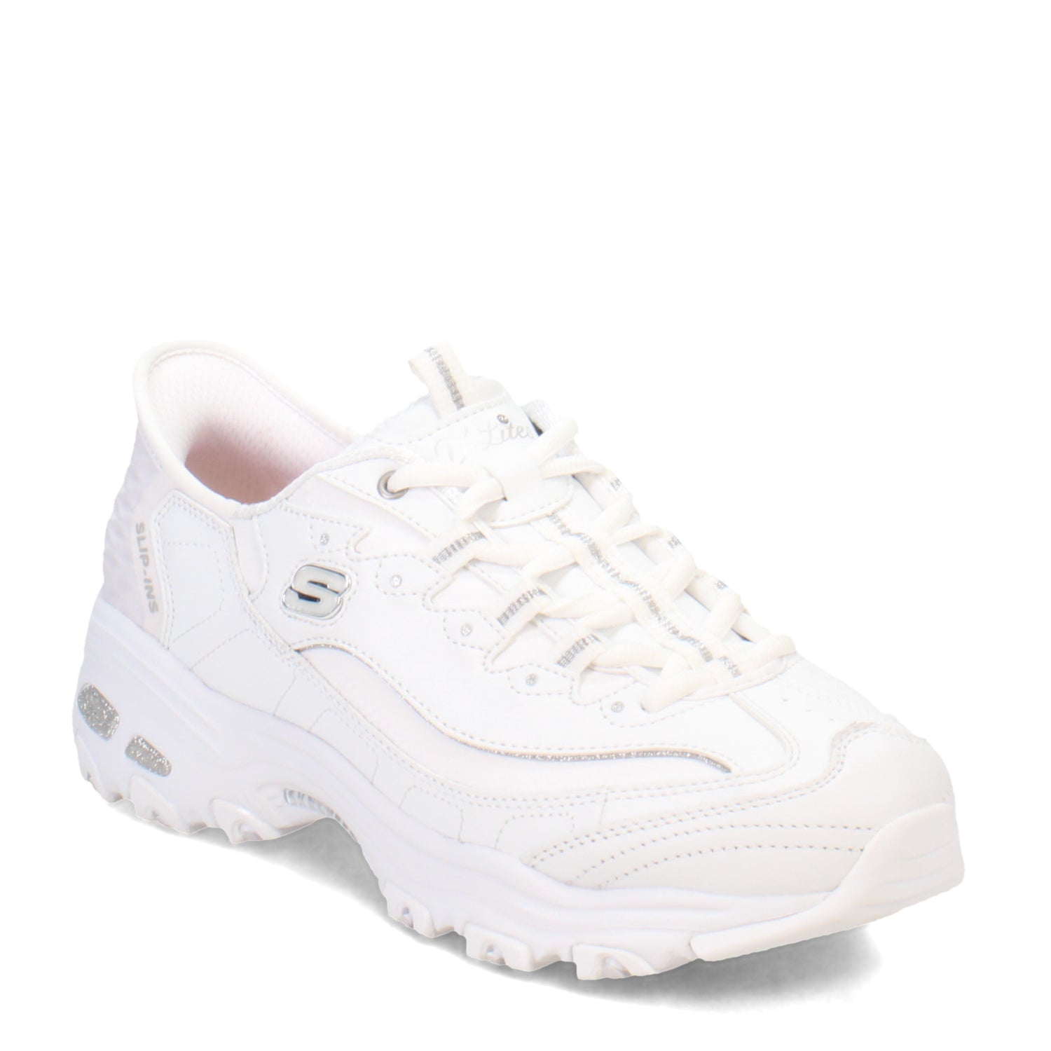 Peltz Shoes  Women's Skechers Slip-Ins: D'Lites Sneaker WHITE/SILVER 150031-WSL