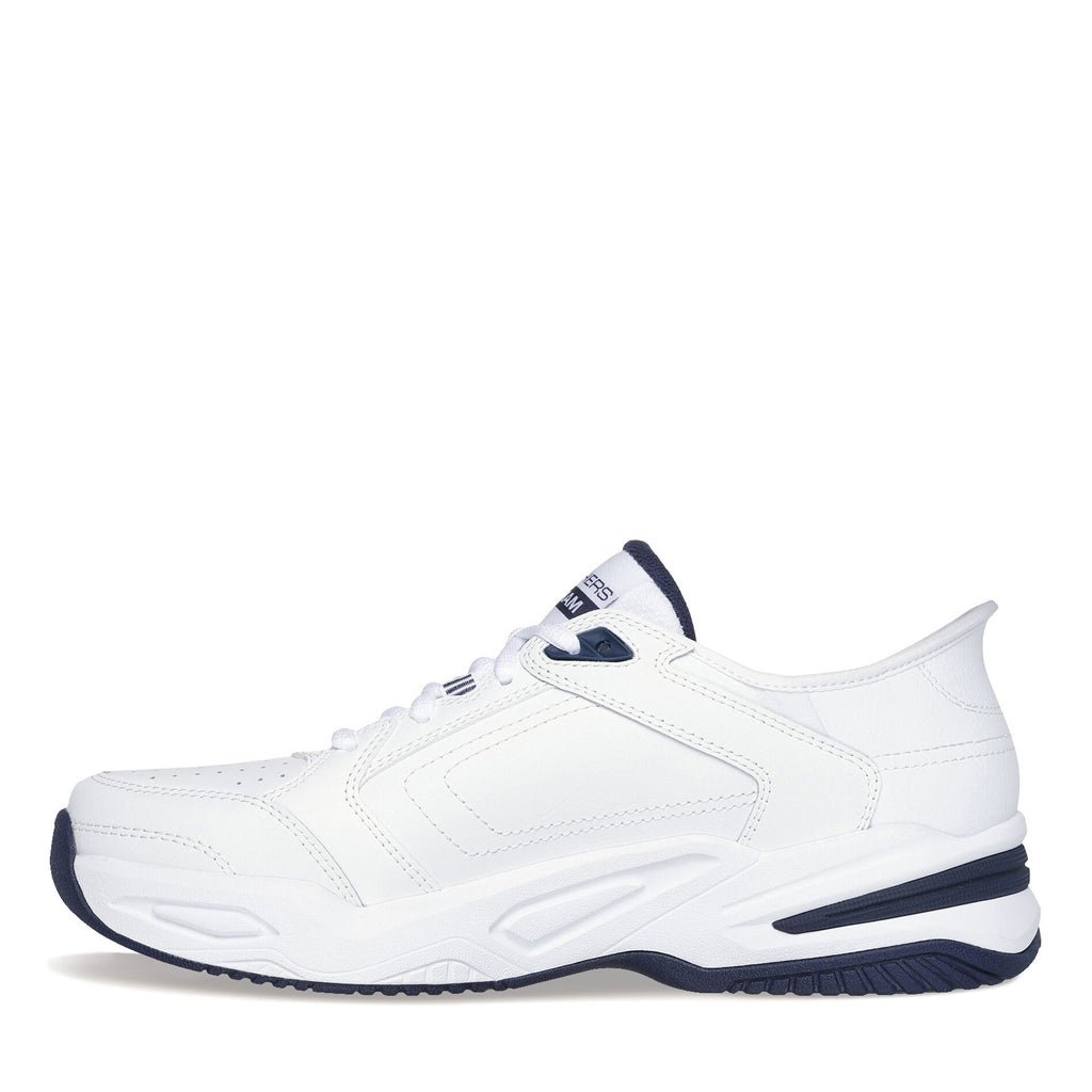 Men's Skechers Slip-ins Relaxed Fit: Durham - Delvor Sneaker - Wide Width White Leather/Duraleather/Navy 232444WW-WNV