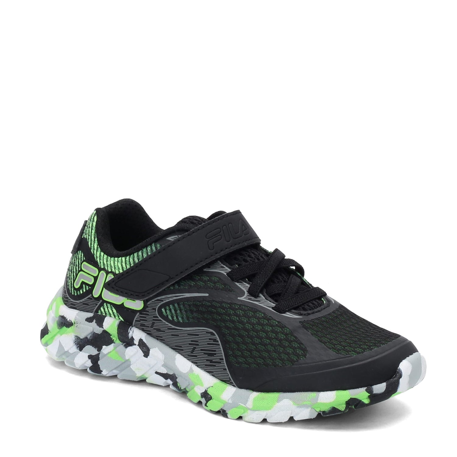 Peltz Shoes  Boy's Fila Primeforce 4 Strap Sneaker - Little Kid BLACK GREEN 3RM01006-008