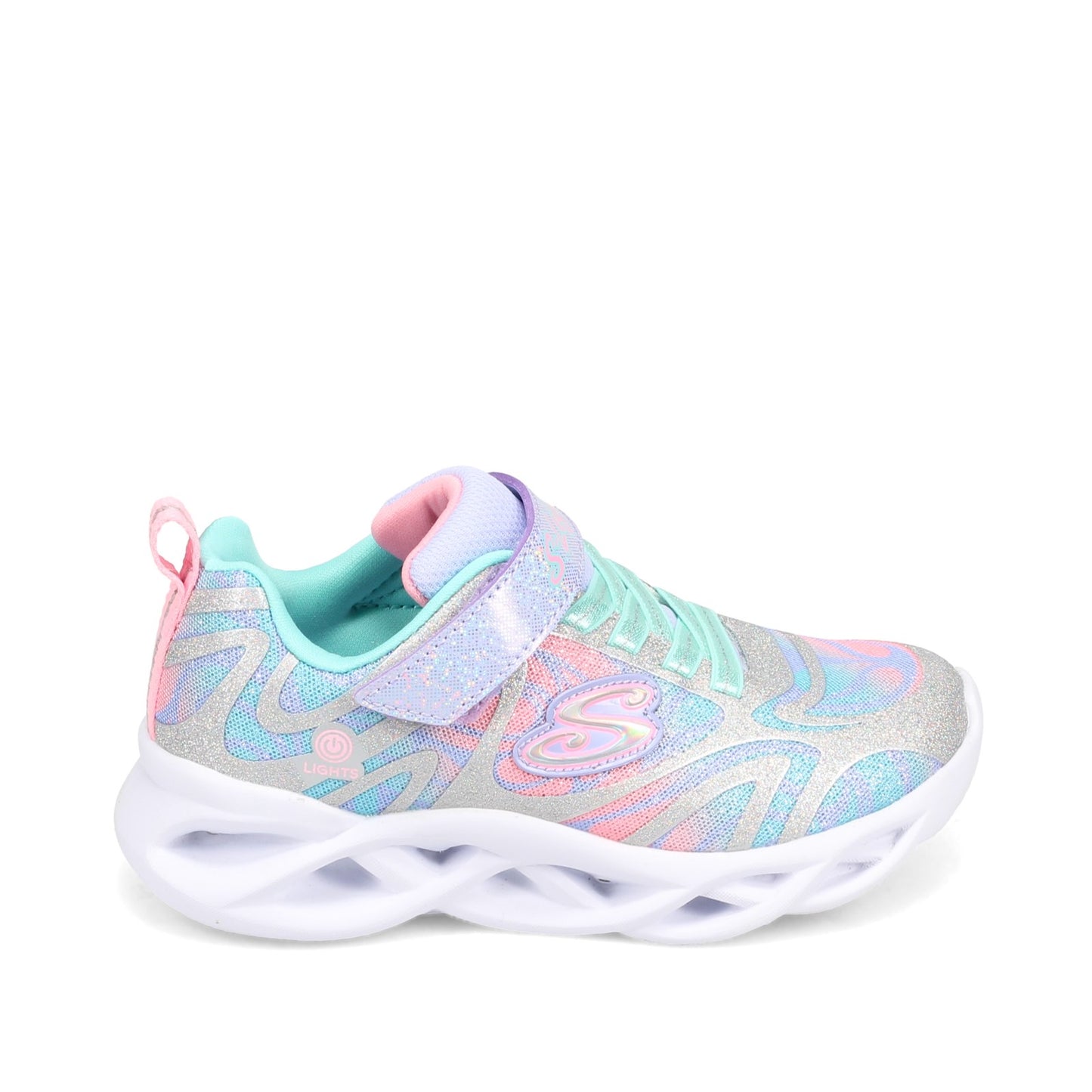 Peltz Shoes  Girl's Skechers S Lights: Twisty Brights - Dazzle Flash Sneaker - Little Kid SILVER MULTI 302305L-SMLT