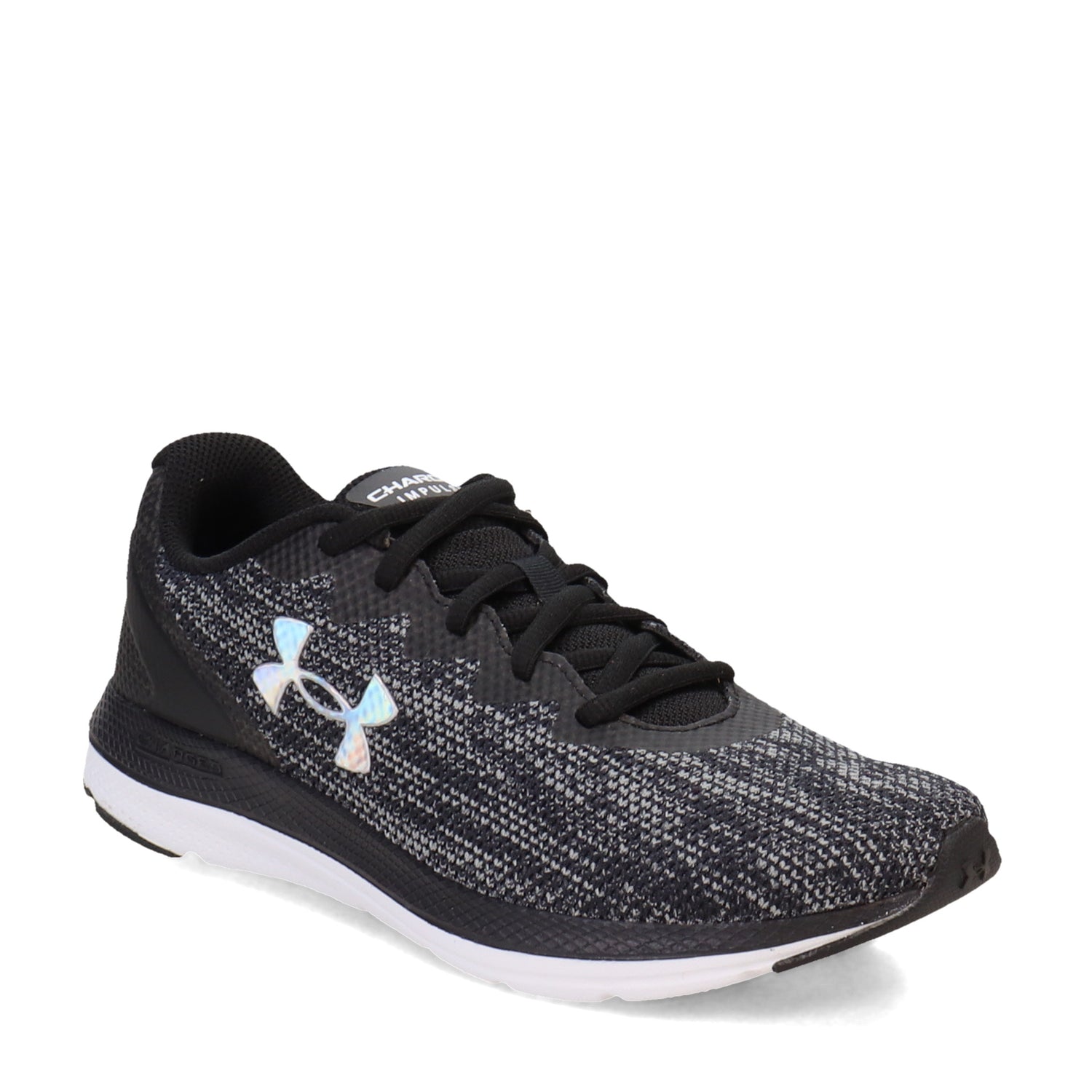 Peltz Shoes  Women's Under Armour Impulse 2 Knit Running Shoe BLACK/BLACK/IRIDESCENT 3025793-002