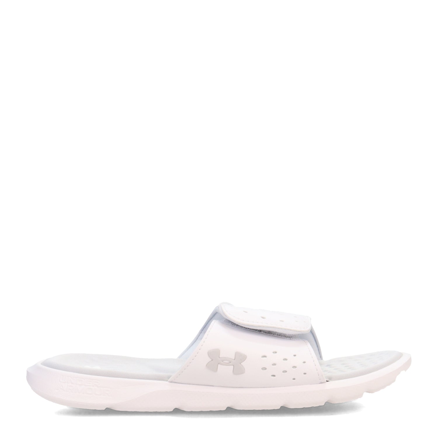 Peltz Shoes  Women's Under Armour Ignite 7 Slide Sandal WHITE/ WHITE/ HALO GRAY 3026027-100