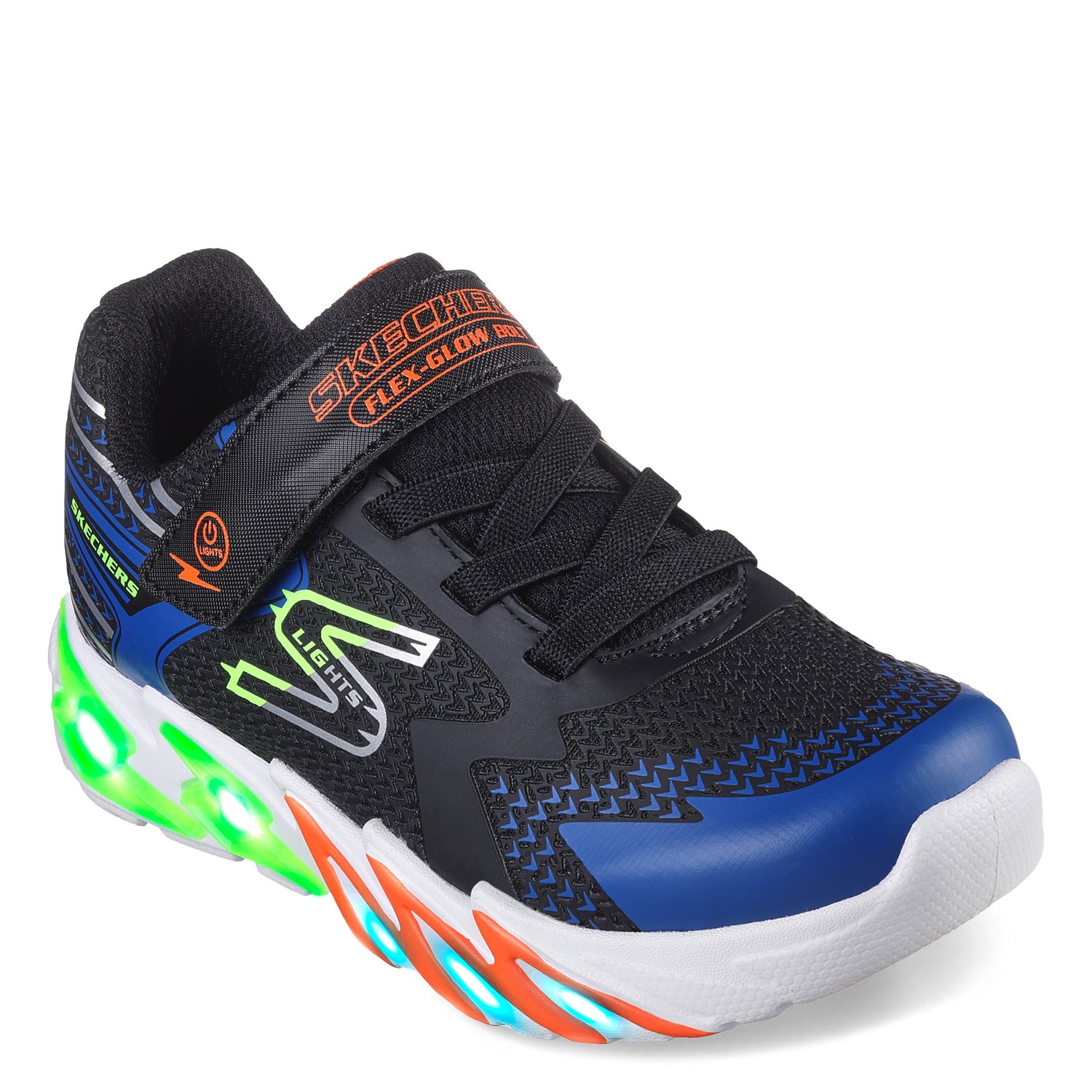 Peltz Shoes  Boy's Skechers S Lights: Flex-Glow Bolt Sneaker - Little Kid Black/Blue/Lime/Orange 400138L-BKBL