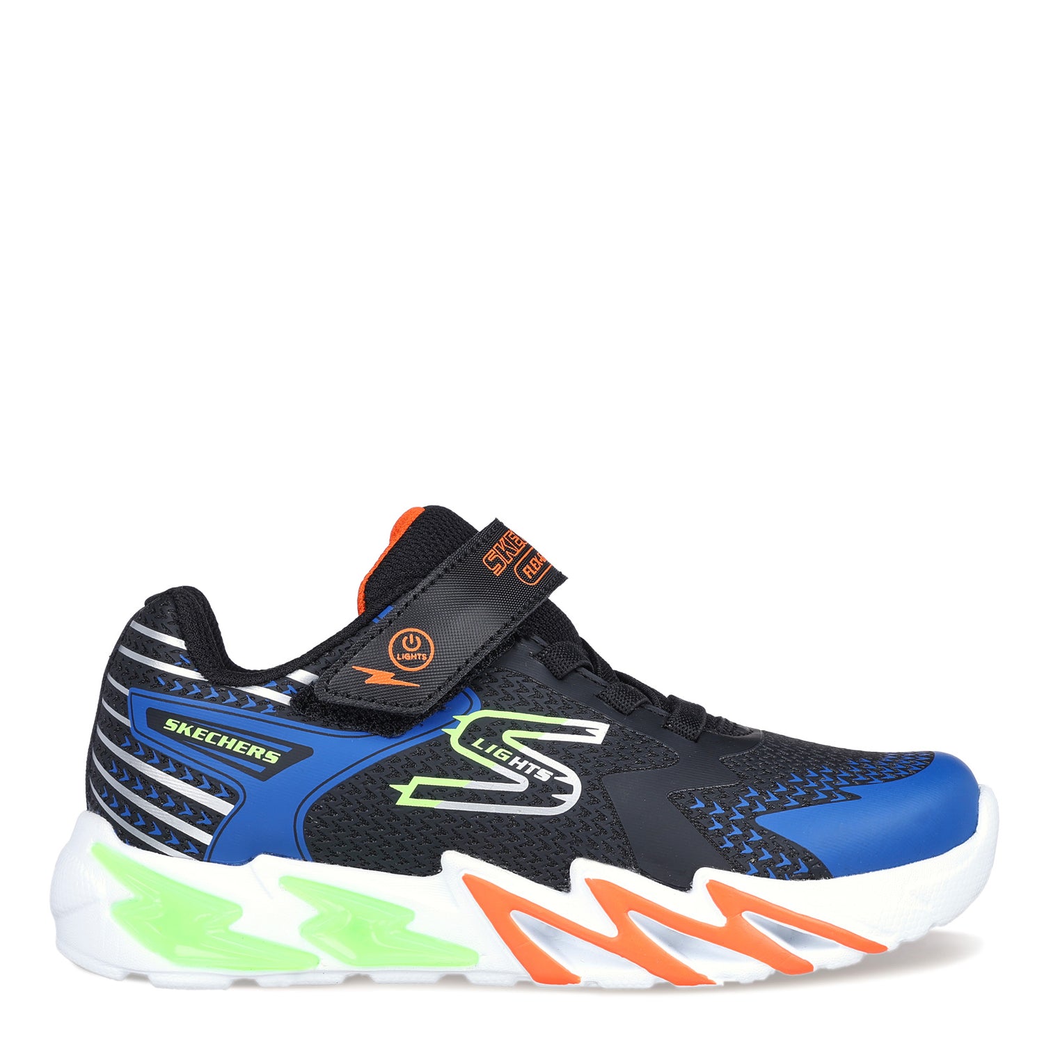 Peltz Shoes  Boy's Skechers S Lights: Flex-Glow Bolt Sneaker - Little Kid Black/Blue/Lime/Orange 400138L-BKBL