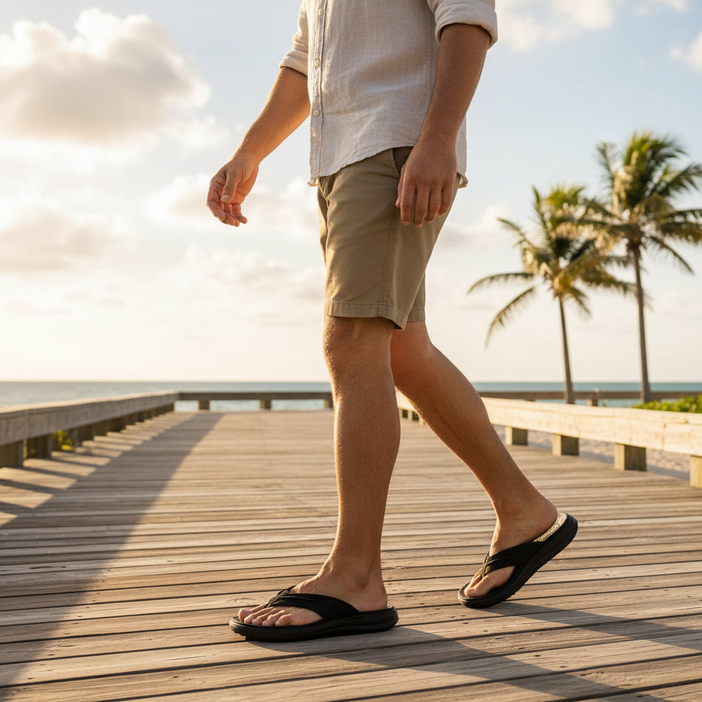 Man wearing black hey dude sandals walking by the beach
