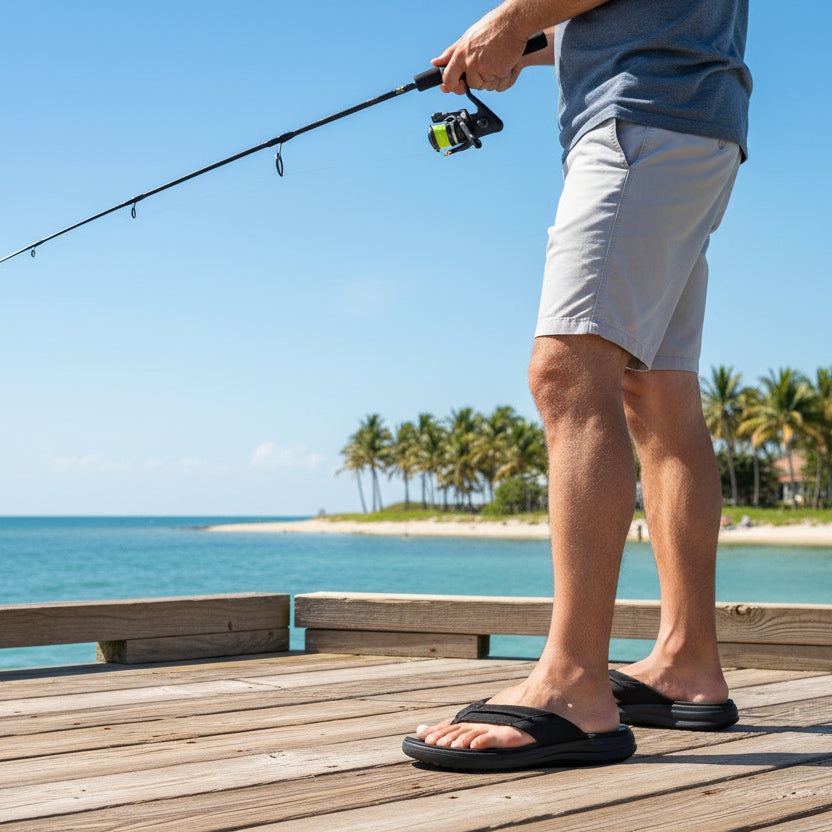man wearing Hey Dude Finn flip flop sandals in black fishing at the pier