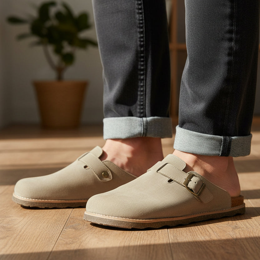 Beige suede clog shoe with a brown sole 