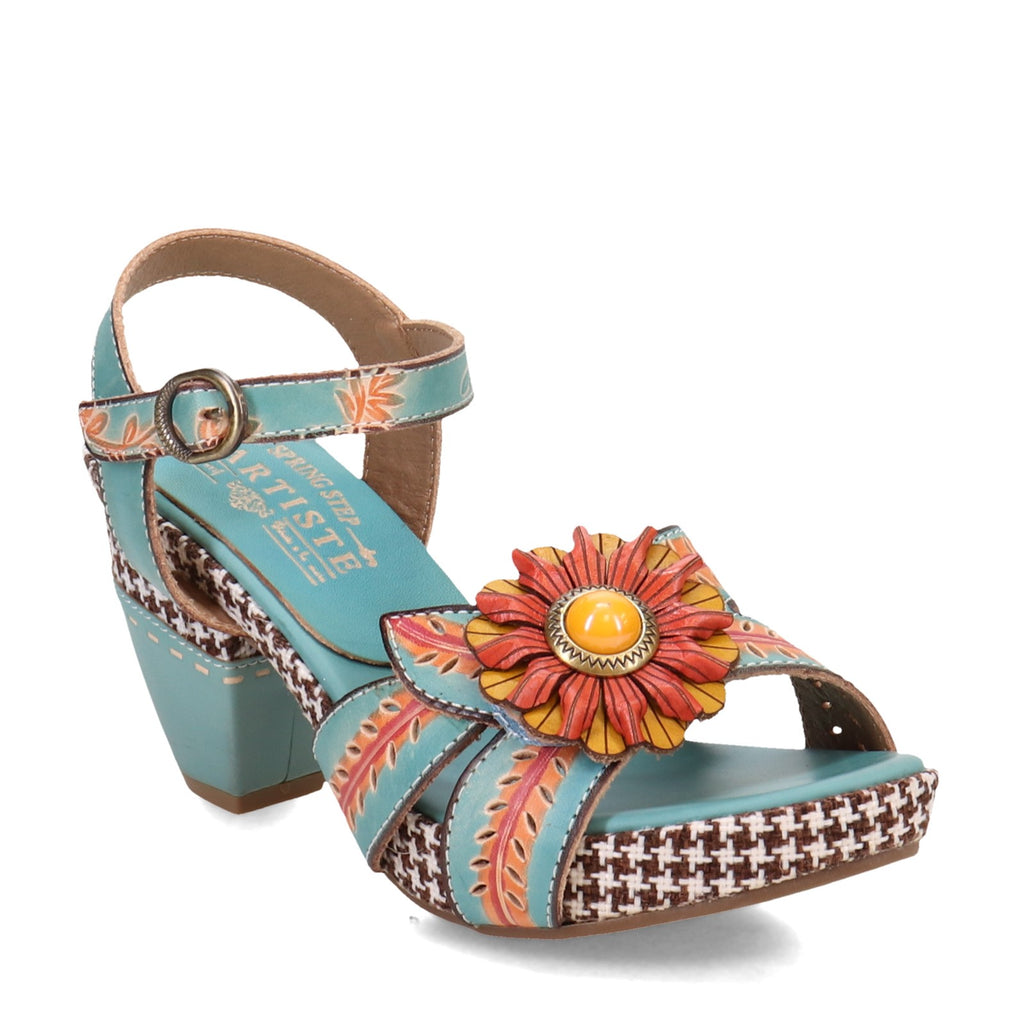Women's L'Artiste by Spring Step Astarr Sandal.<h3>Pattern-Mixing Perfection with Hand-Painted Leather and Beaded Accents</h3> <p>The L'Artiste by Spring Step Astarr sandal is a masterclass in layered design combining hand-painted leather with beaded ac SKY BLUE MULTI ASTARR-SKYM