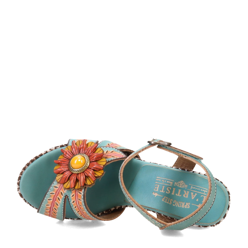 Women's L'Artiste by Spring Step Astarr Sandal.<h3>Pattern-Mixing Perfection with Hand-Painted Leather and Beaded Accents</h3> <p>The L'Artiste by Spring Step Astarr sandal is a masterclass in layered design combining hand-painted leather with beaded ac SKY BLUE MULTI ASTARR-SKYM