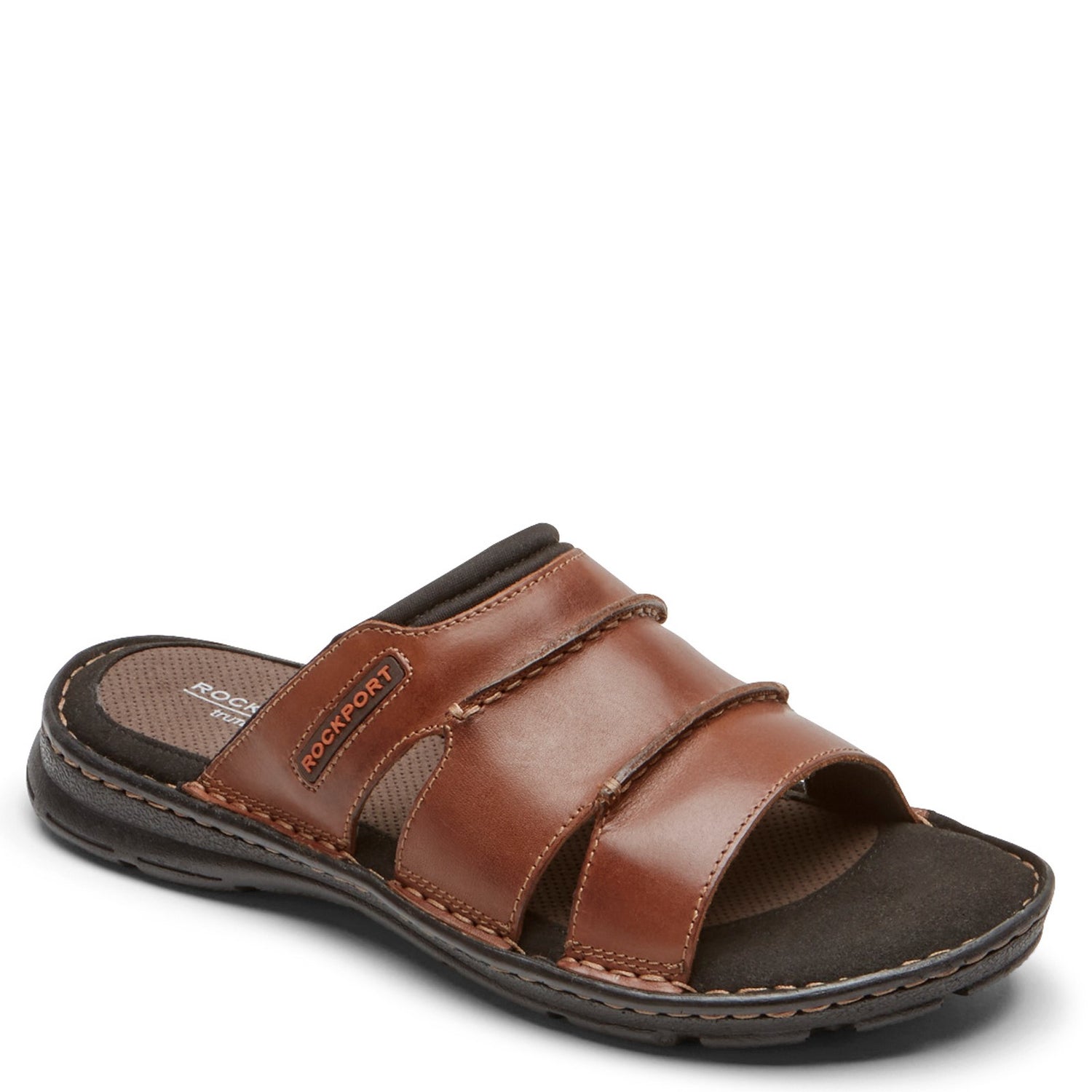 Peltz Shoes  Men's Rockport Darwyn 3 Band Slide Sandal COACH BROWN CI9181