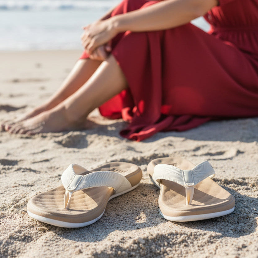 REEF Beige flip flop sandal with white strap at the beach
