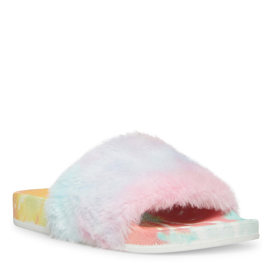 Women's Madden Girl Fancy Faux Fur Sandal TIE-DYE PRIMARY FANCY F-TIEDYE