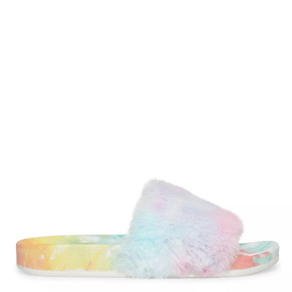 Women's Madden Girl Fancy Faux Fur Sandal TIE-DYE PRIMARY FANCY F-TIEDYE