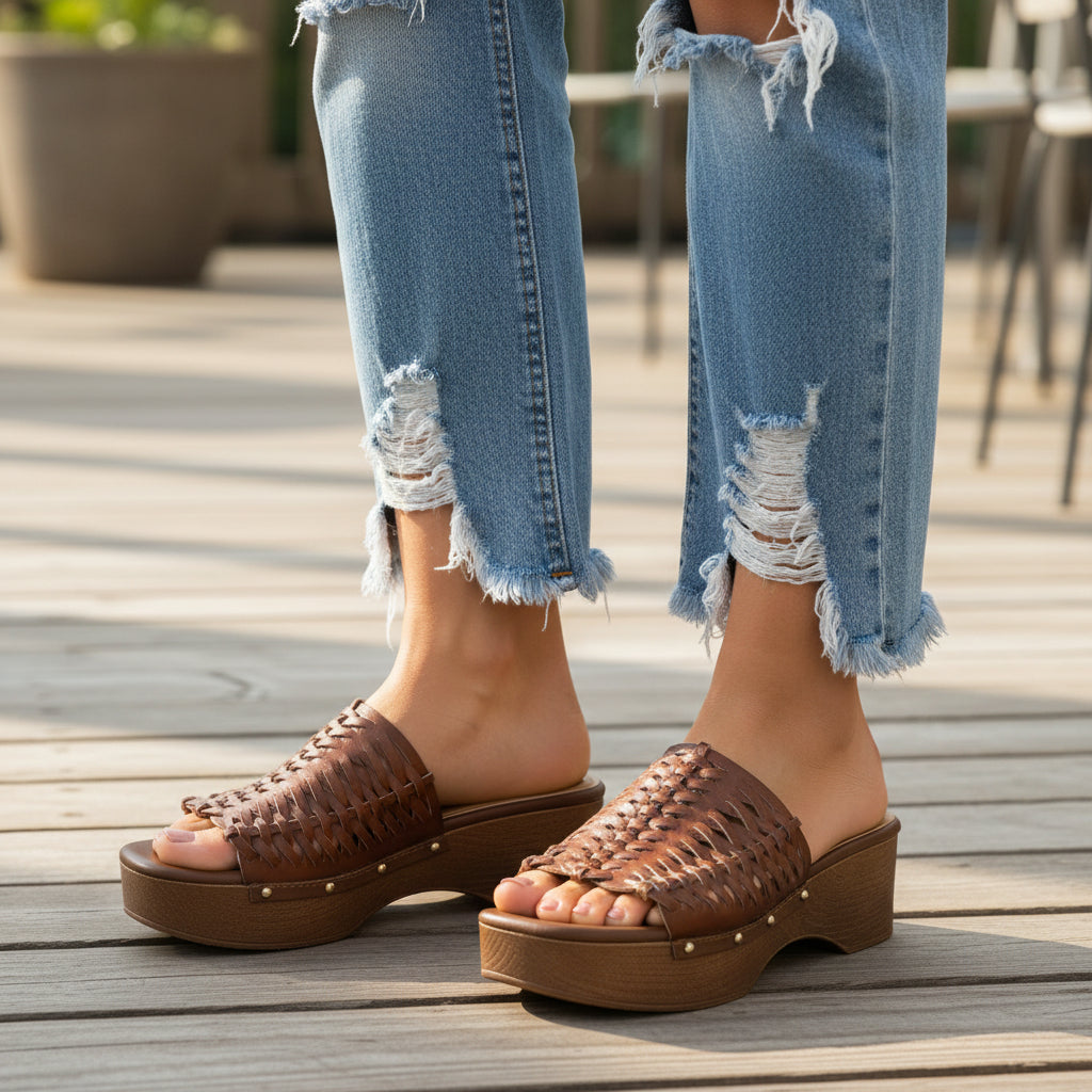 Women's Baretraps Helenna Platform Heeled Sandals on a women wearing jeans