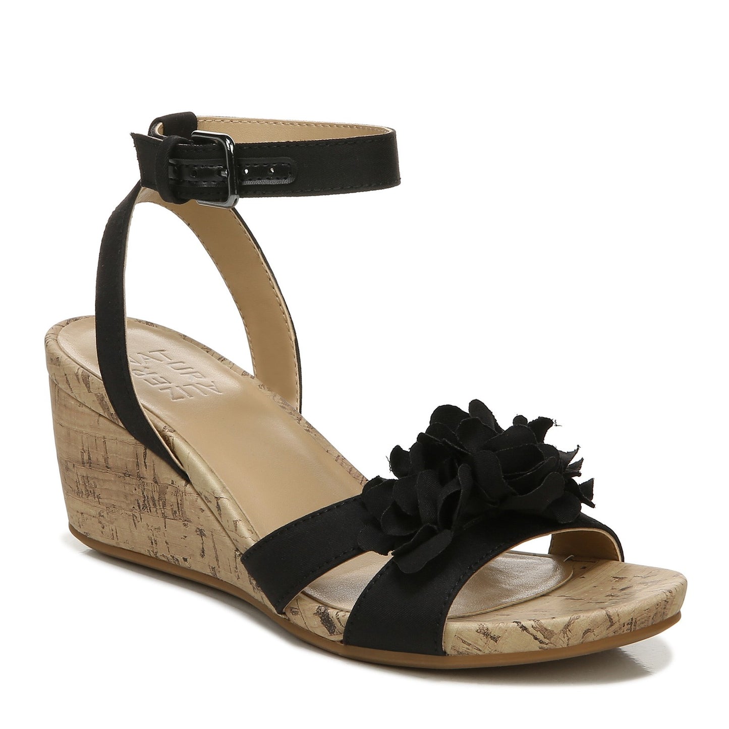 Peltz Shoes  Women's Naturalizer Areda Flower Wedge Sandal BLACK I0629F1002