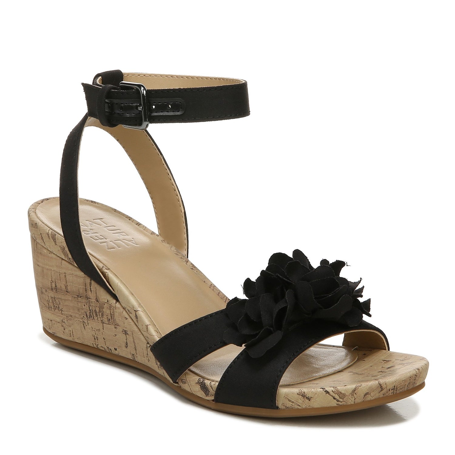 Peltz Shoes  Women's Naturalizer Areda Flower Wedge Sandal BLACK I0629F1002