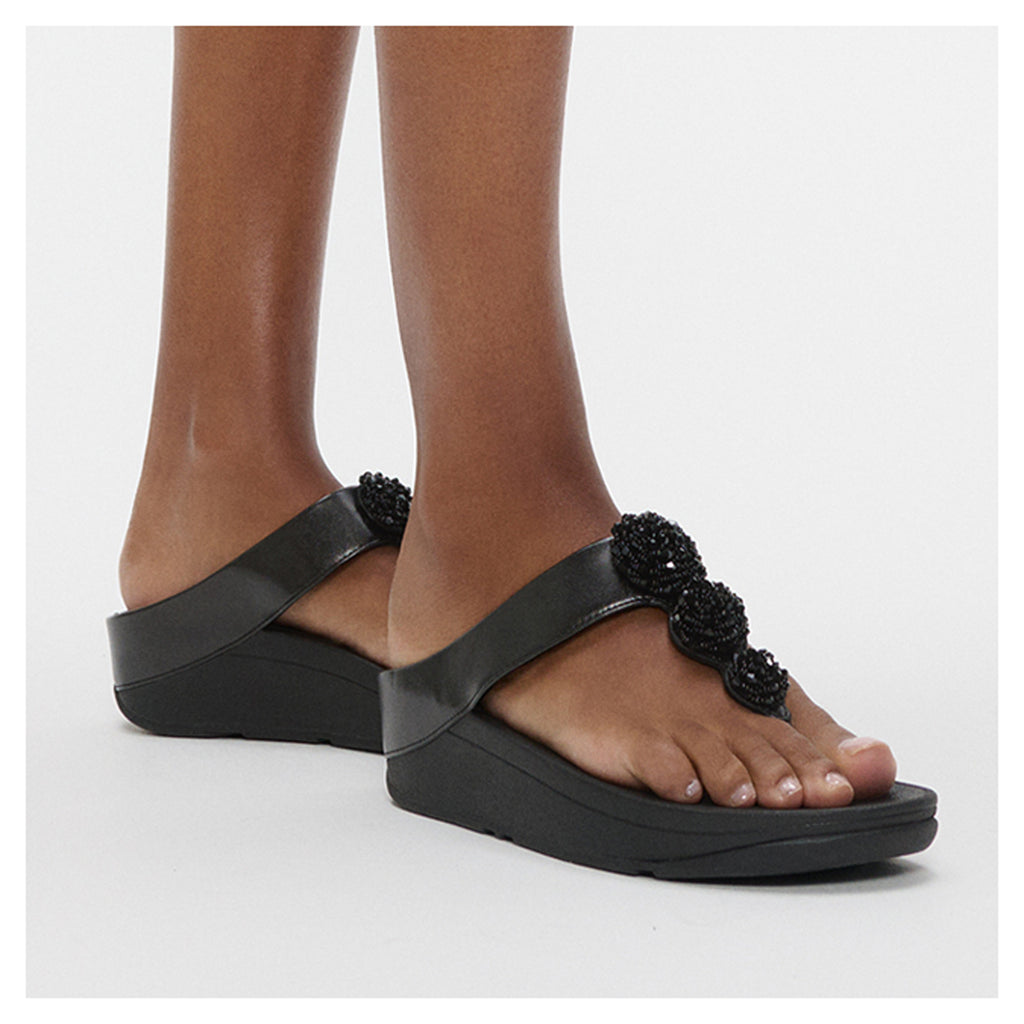 Women's FitFlop Fino Beaded Button Sandal METALLIC BLACK IU1-565
