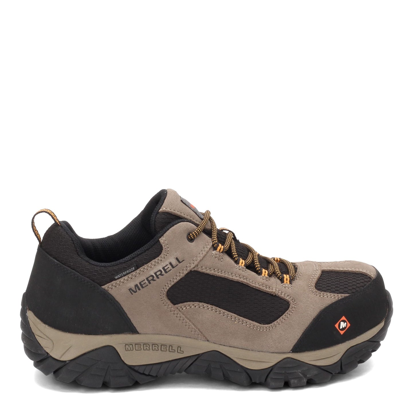 Peltz Shoes  Men's Merrell Moab Onset Low Waterproof Comp Toe Work Shoe - Wide Width WALNUT J099505W