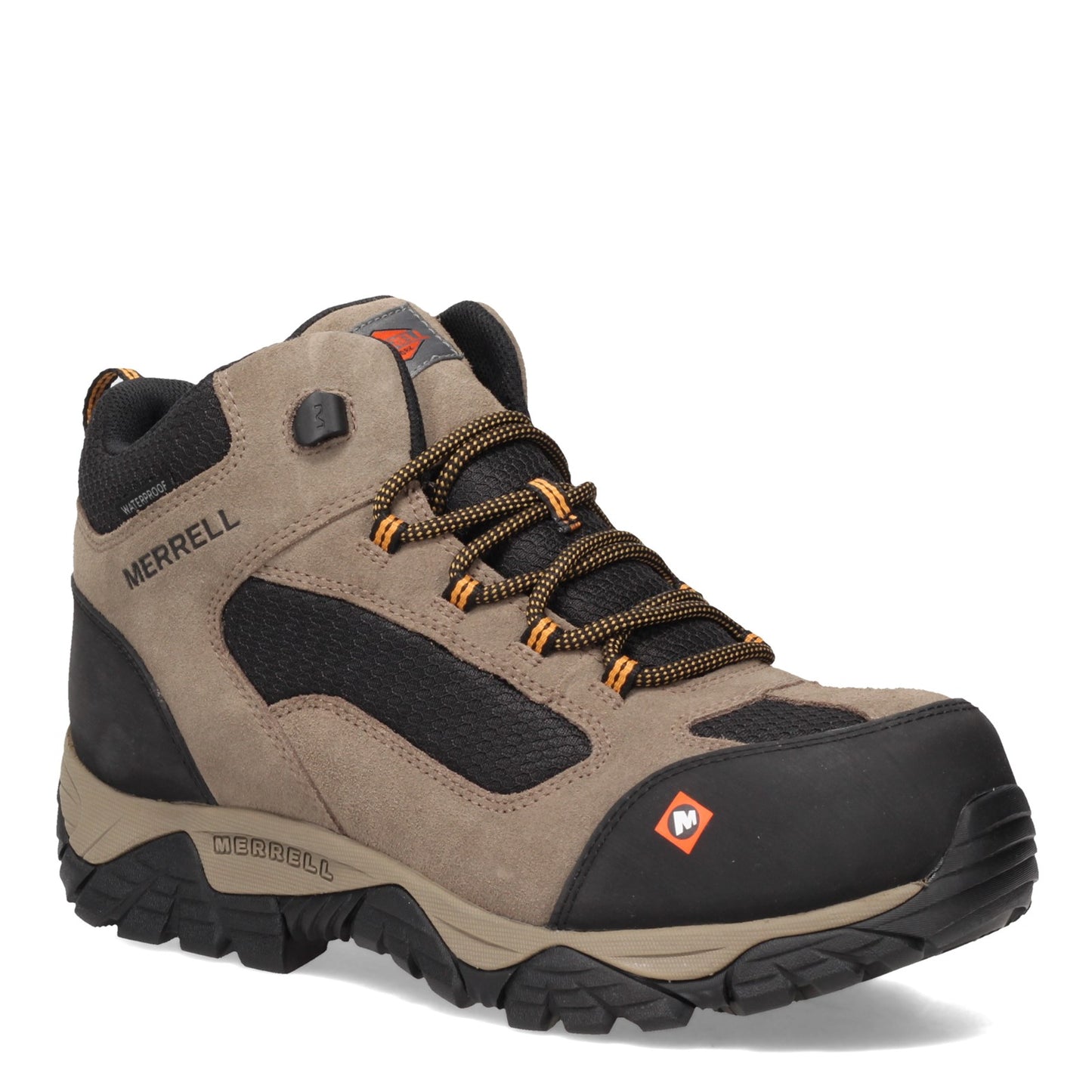 Peltz Shoes  Men's Merrell Moab Onset Mid Waterproof Comp Toe Work Boot - Wide Width Walnut J099511W