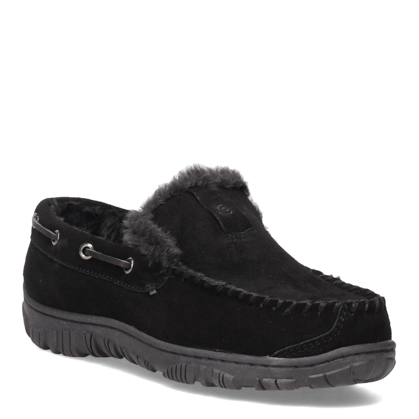 Peltz Shoes  Men's Clarks Venetian Moccasin Faux Fur Slipper BLACK JMH0674-201