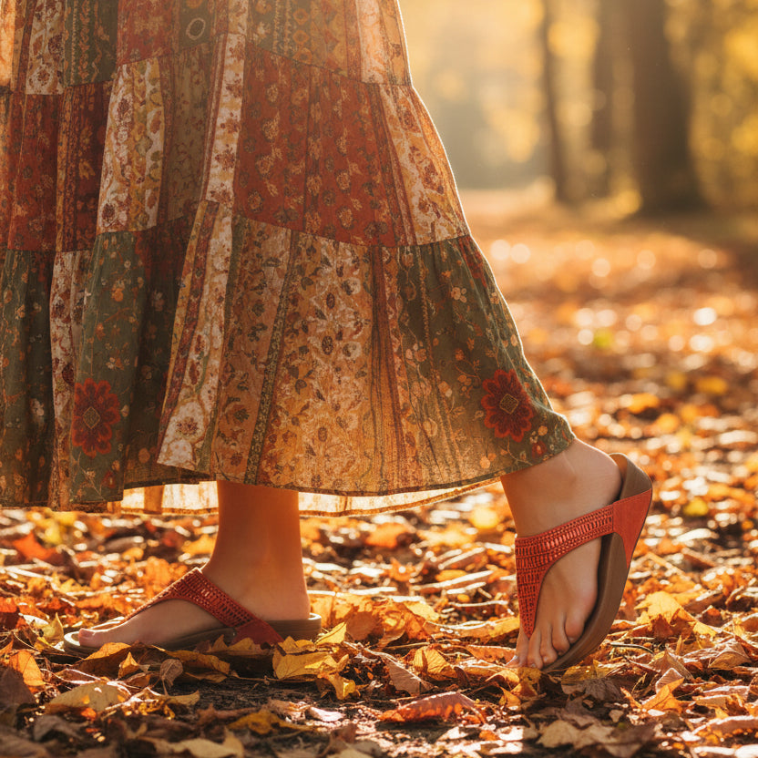 Brown sandal with orange sparkle straps walking in the fall wearing fall colors