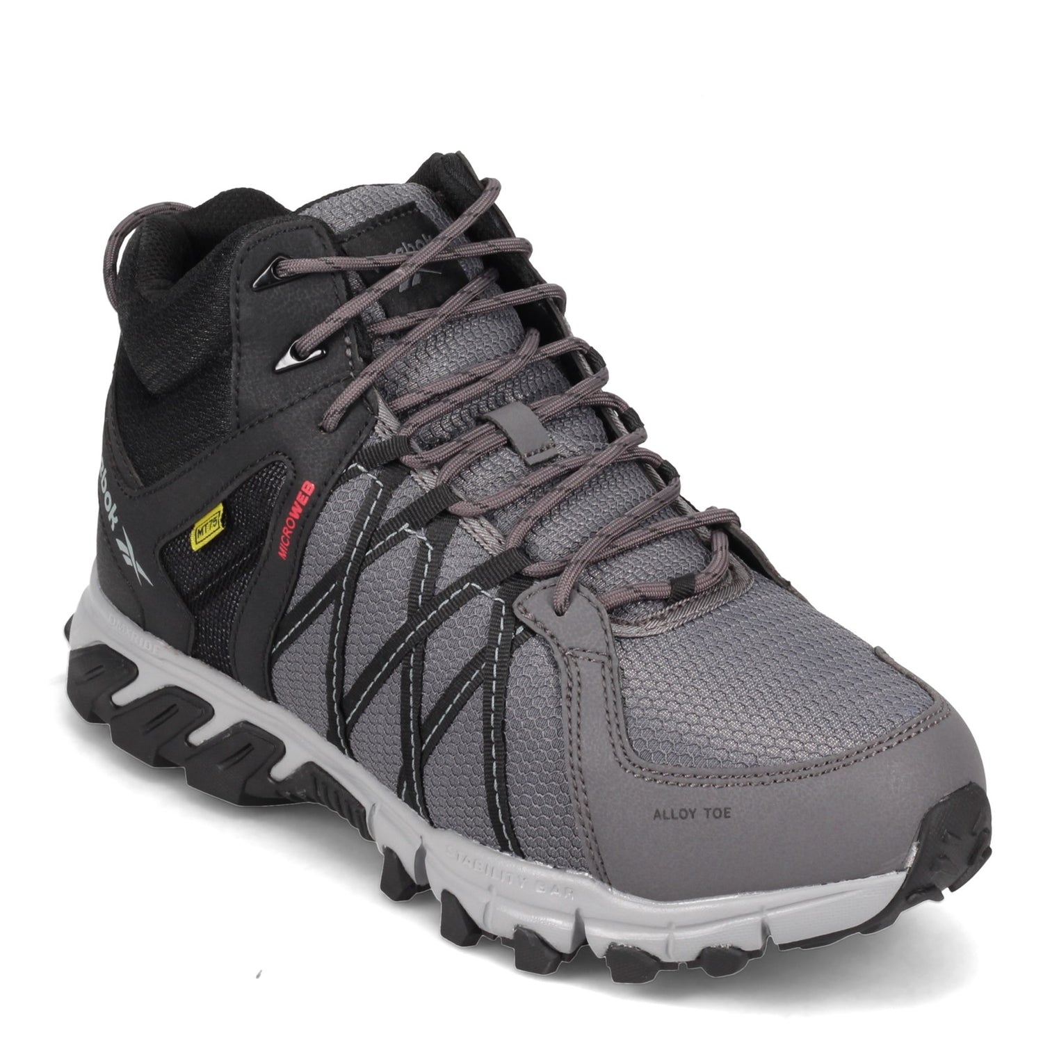 Peltz Shoes  Men's Reebok Work Trail Grip Mid Work Shoe GREY BLACK RB3404
