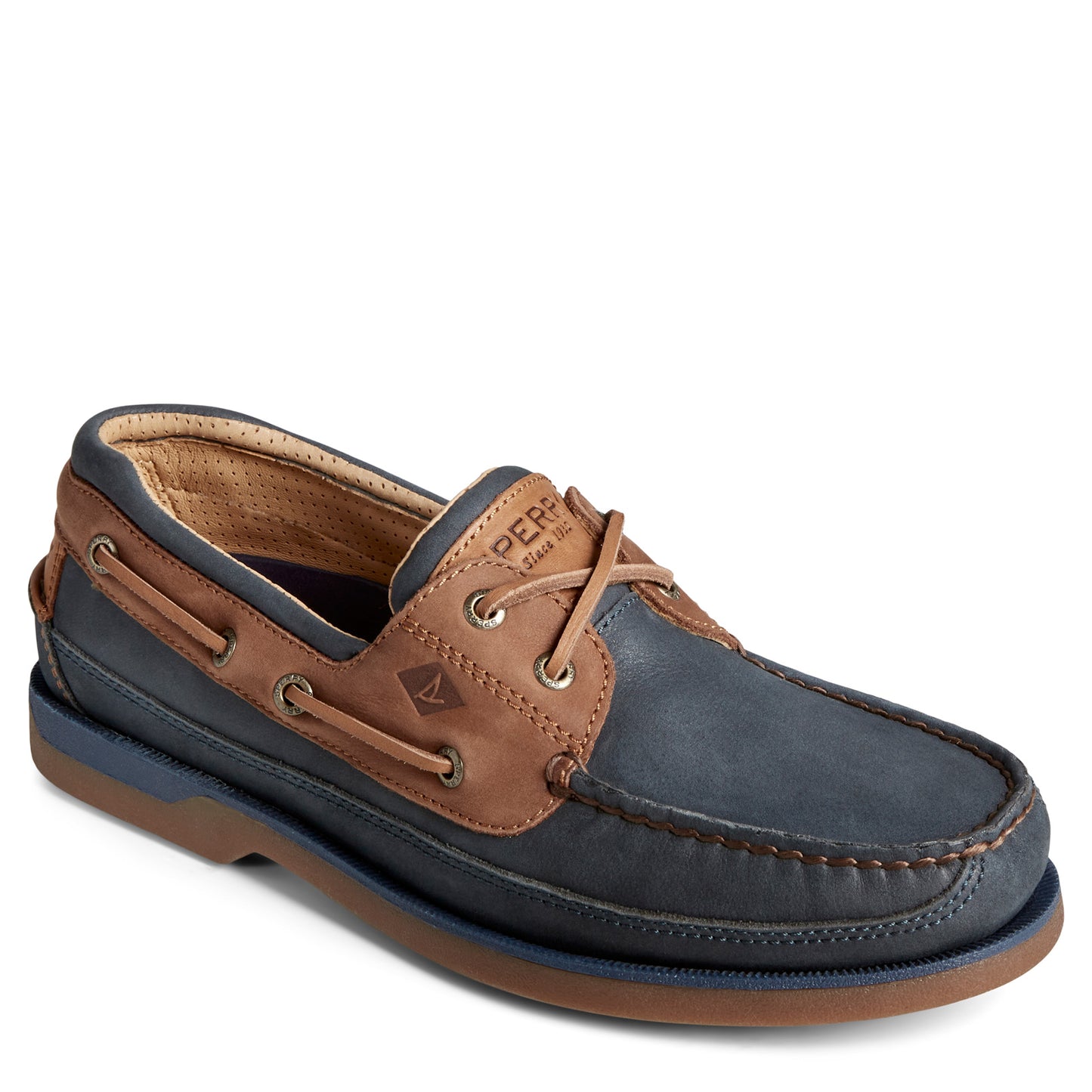 Peltz Shoes  Men's Sperry Gold Cup Mako 2 Eye Boat Shoe Navy Tan STS25364
