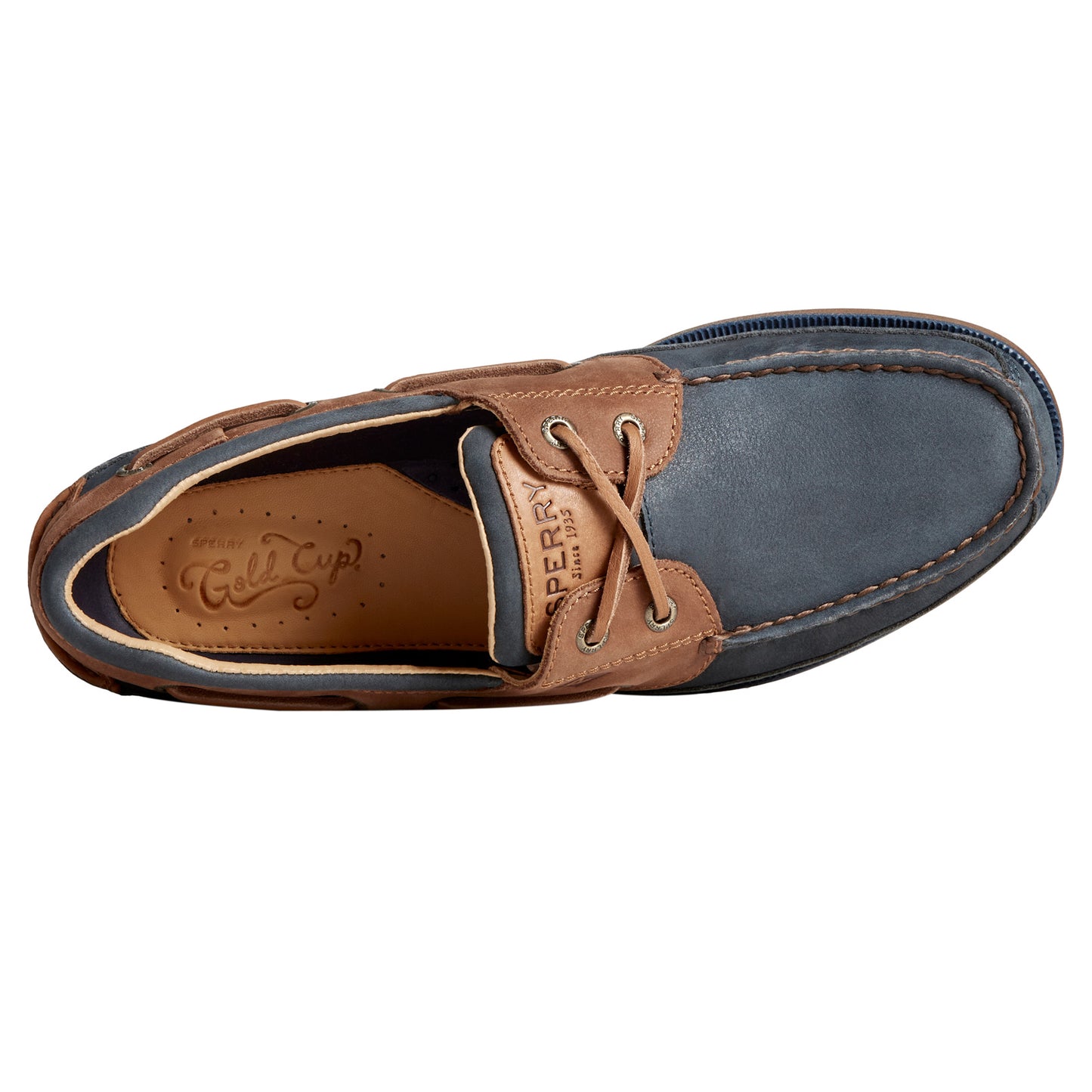 Peltz Shoes  Men's Sperry Gold Cup Mako 2 Eye Boat Shoe Navy Tan STS25364