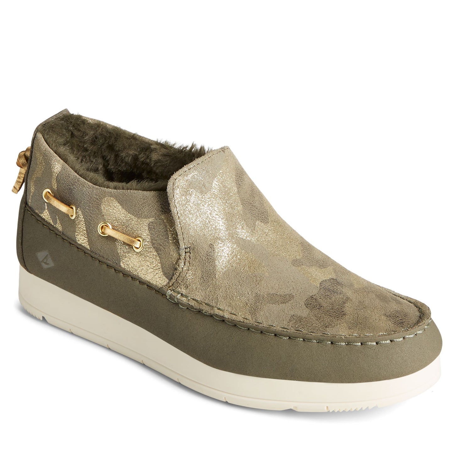 Peltz Shoes  Women's Sperry Moc-Sider Suede Slip-On OLIVE CAMO STS86941