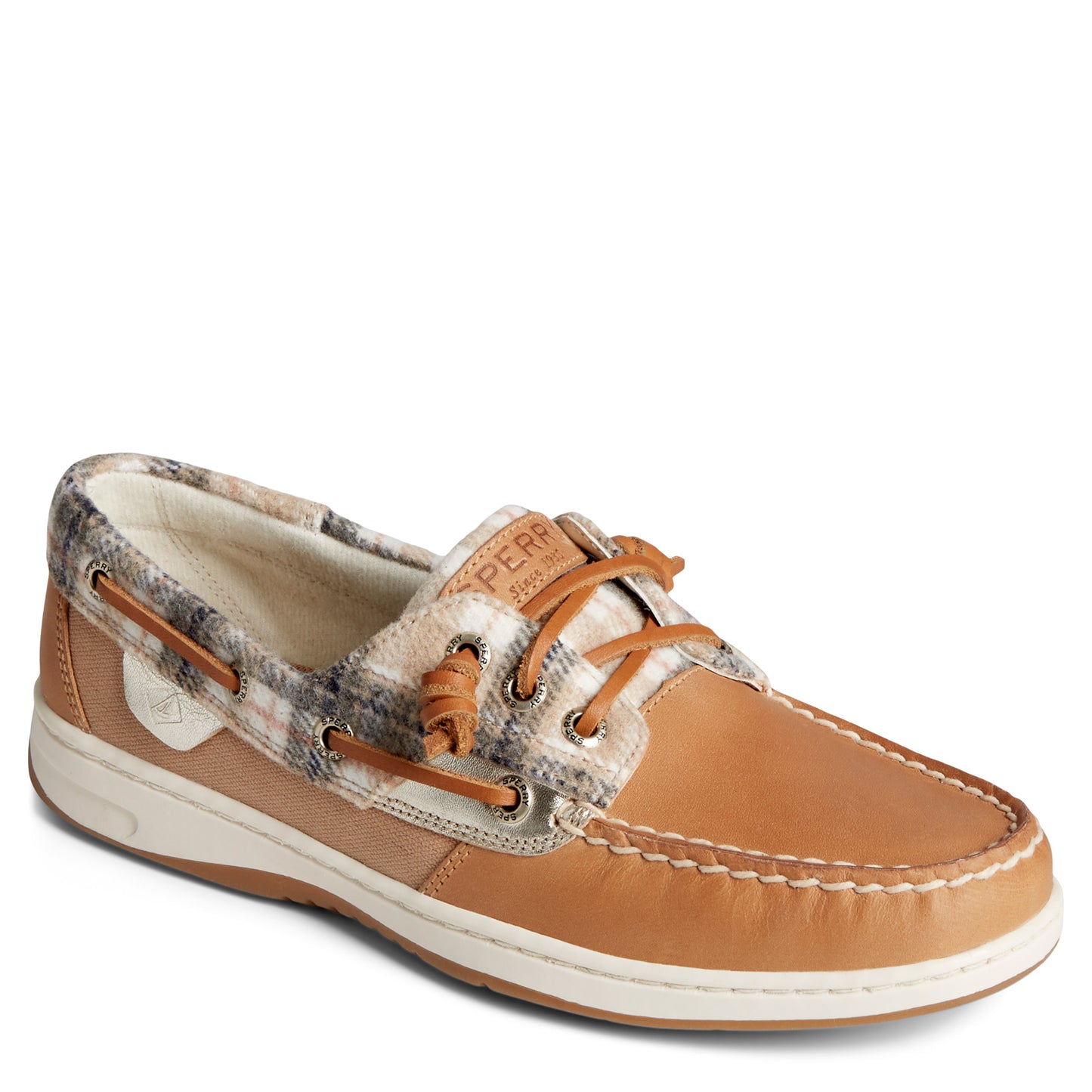 Peltz Shoes  Women's Sperry Rosefish Boat Shoe TAN / IVORY TEDDY WOOL STS88302