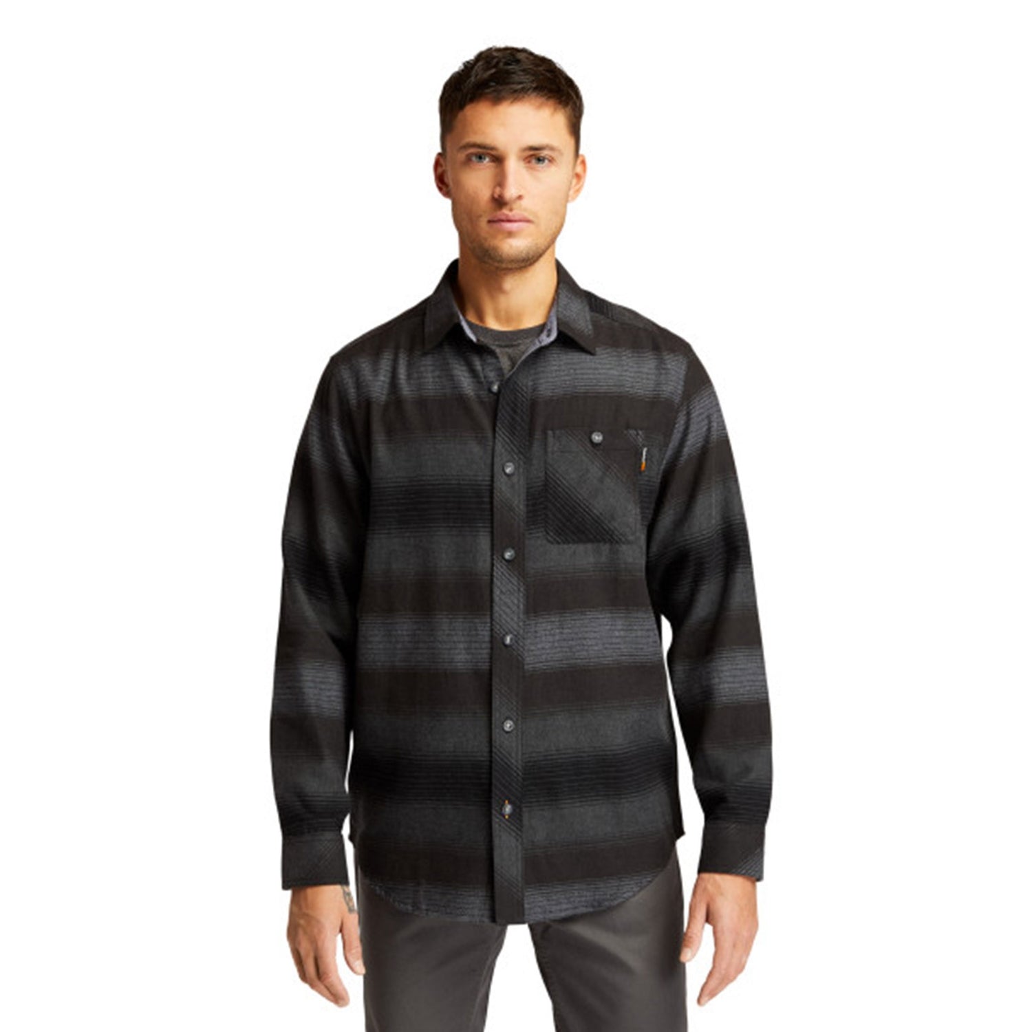 Peltz Shoes  Men's Timberland Pro Woodfort Mid Long Sleeve Shirt BLACK STRIPE TB0A1V49CE4