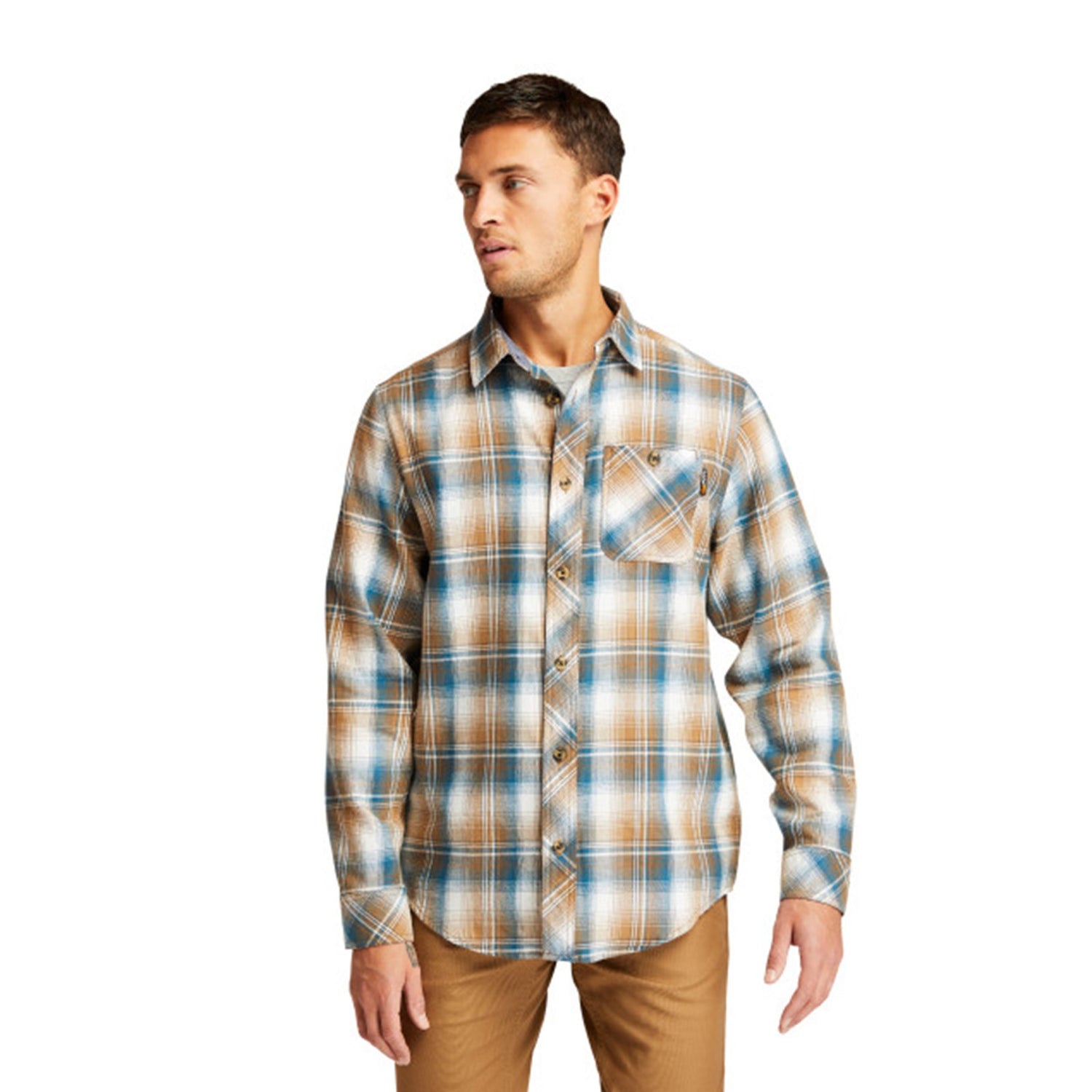 Peltz Shoes  Men's Timberland Pro Woodfort Mid Long Sleeve Shirt BROWN PLAID TB0A1V49CE7