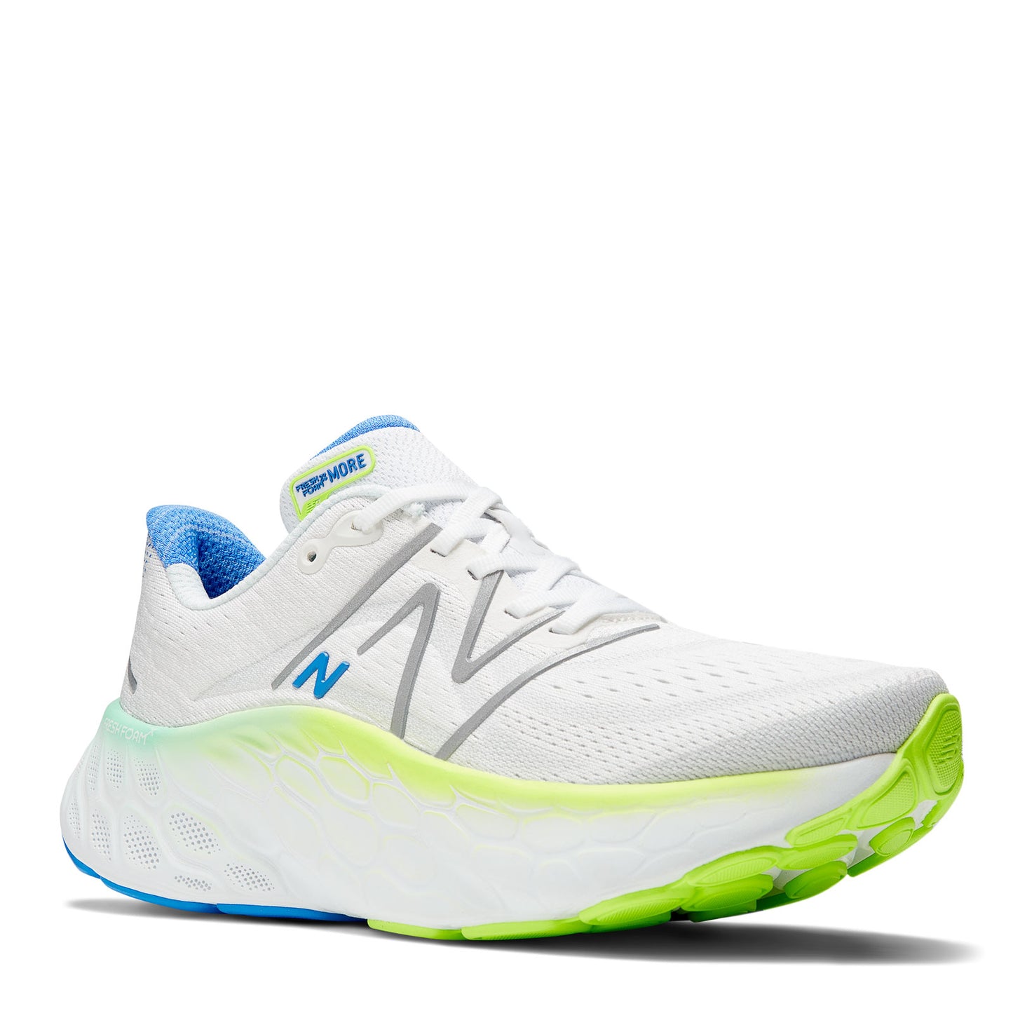 Peltz Shoes  Women's New Balance Fresh Foam More v4 Running Shoe WHITE /BLUE /YELLOW WMORWT4