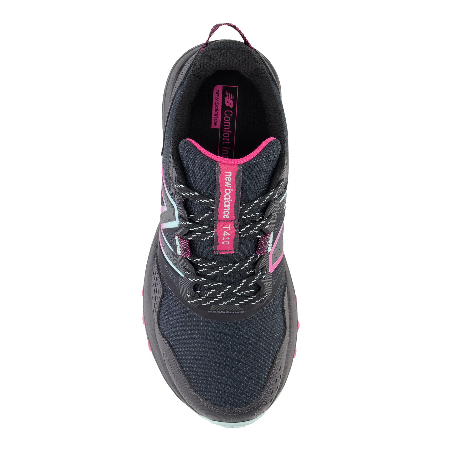 Peltz Shoes  Women's New Balance WT410V8 Trail Running Shoe BLACK/BRIGHT CYAN/pink WT410LC8